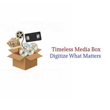 Box with media items and 'Timeless Media Box' text on a white background